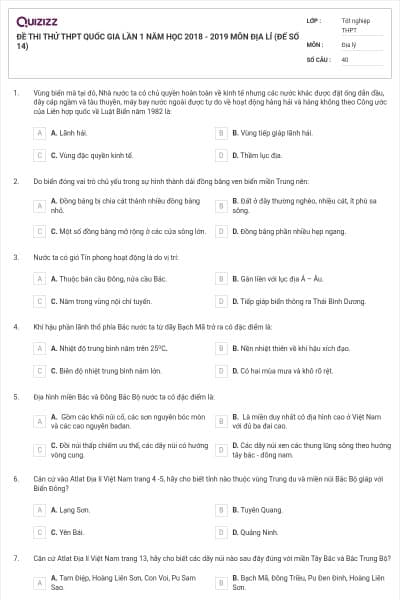 ĐỀ THI THỬ THPT QUỐC GIA LẦN 1 NĂM HỌC 2018 - 2019 MÔN ĐỊA LÍ (ĐẾ SỐ 14)