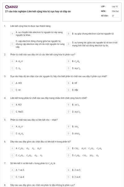 27 câu trắc nghiệm Liên kết cộng hóa trị cực hay có đáp án