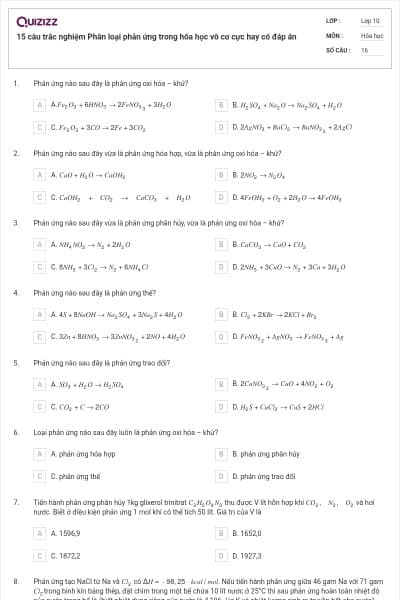 15 câu trắc nghiệm Phân loại phản ứng trong hóa học vô cơ cực hay có đáp án