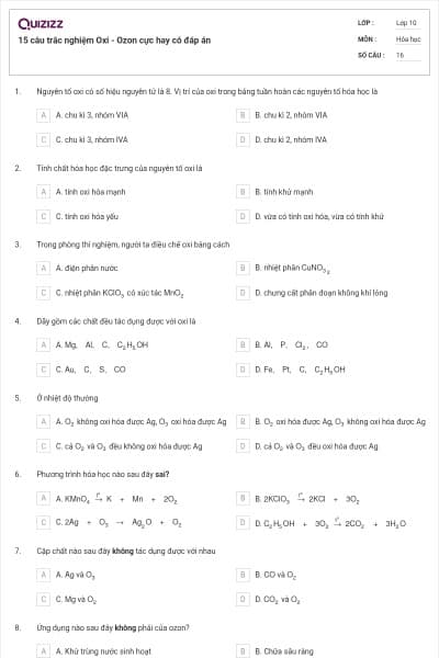 15 câu trắc nghiệm Oxi - Ozon cực hay có đáp án