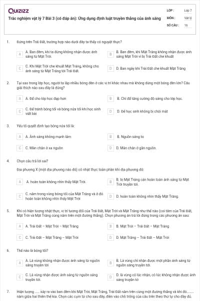 Trắc nghiệm vật lý 7 Bài 3 (có đáp án): Ứng dụng định luật truyền thẳng của ánh sáng