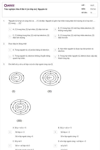 Trắc nghiệm Hóa 8 Bài 4 (có đáp án): Nguyên tử