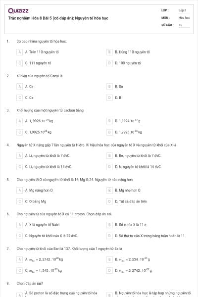 Trắc nghiệm Hóa 8 Bài 5 (có đáp án): Nguyên tố hóa học