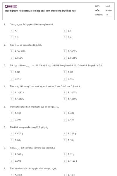 Trắc nghiệm Hóa 8 Bài 21 (có đáp án): Tính theo công thức hóa học