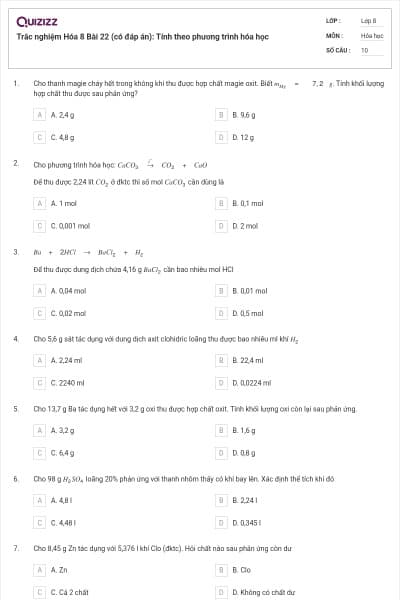 Trắc nghiệm Hóa 8 Bài 22 (có đáp án): Tính theo phương trình hóa học