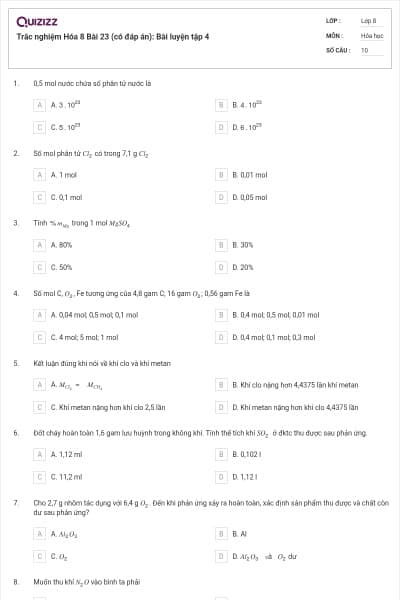 Trắc nghiệm Hóa 8 Bài 23 (có đáp án): Bài luyện tập 4