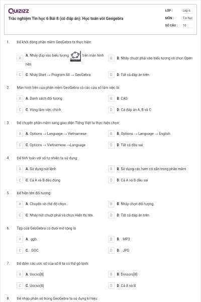 Trắc nghiệm Tin học 6 Bài 8 (có đáp án): Học toán với Geogebra