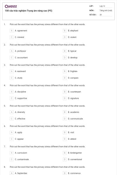100 câu trắc nghiệm Trọng âm nâng cao (P5)