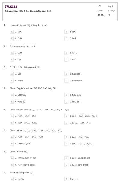 Trắc nghiệm Hóa 8 Bài 26 (có đáp án): Oxit