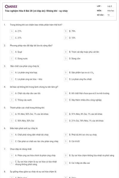 Trắc nghiệm Hóa 8 Bài 28 (có đáp án): Không khí - sự cháy