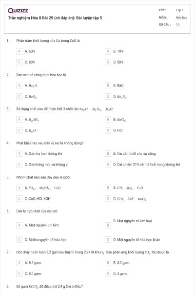Trắc nghiệm Hóa 8 Bài 29 (có đáp án): Bài luyện tập 5