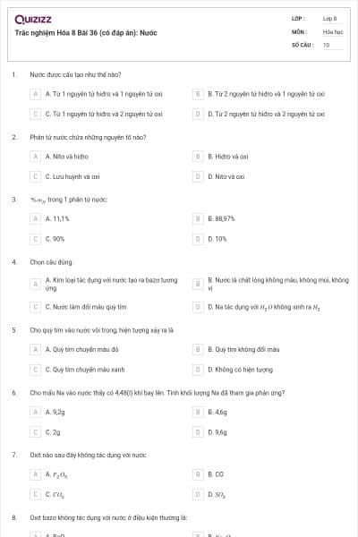 Trắc nghiệm Hóa 8 Bài 36 (có đáp án): Nước