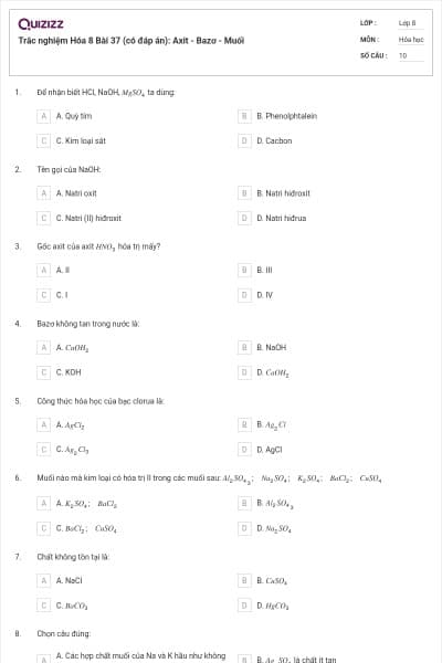Trắc nghiệm Hóa 8 Bài 37 (có đáp án): Axit - Bazơ - Muối