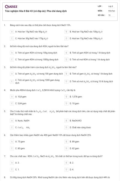 Trắc nghiệm Hóa 8 Bài 43 (có đáp án): Pha chế dung dịch