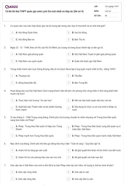 16 Đề thi thử THPT quốc gia môn Lịch Sử mới nhất có đáp án (Đề số 4)