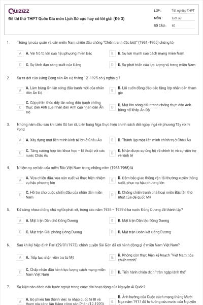 Đề thi thử THPT Quốc Gia môn Lịch Sử cực hay có lời giải (Đề 3)
