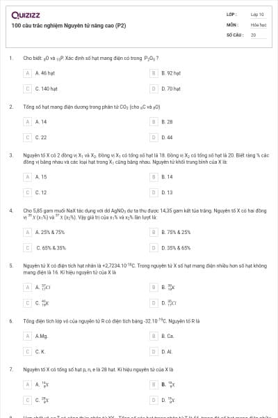 100 câu trắc nghiệm Nguyên tử nâng cao (P2)