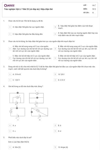 Trắc nghiệm Vật Lí 7 Bài 25 (có đáp án): Hiệu điện thế