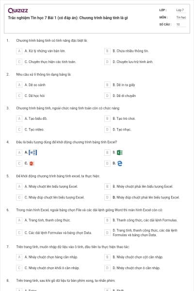 Trắc nghiệm Tin học 7 Bài 1 (có đáp án): Chương trình bảng tính là gì