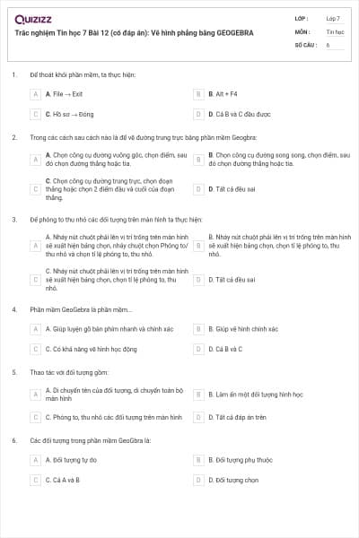 Trắc nghiệm Tin học 7 Bài 12 (có đáp án): Vẽ hình phẳng bằng GEOGEBRA