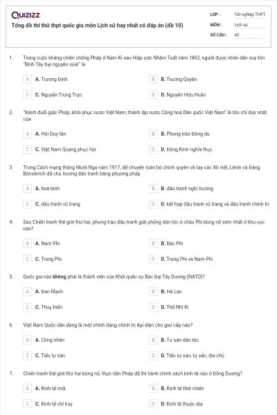Tổng đề thi thử thpt quốc gia môn Lịch sử hay nhất có đáp án (đề 10)