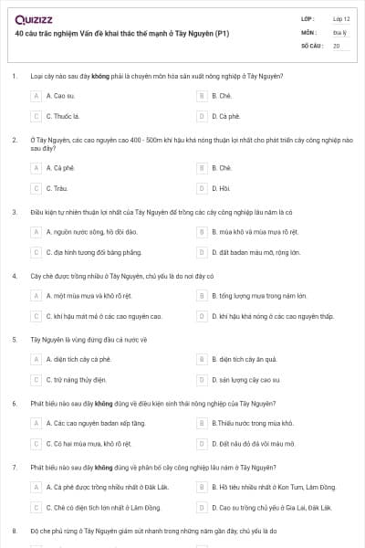 40 câu trắc nghiệm Vấn đề khai thác thế mạnh ở Tây Nguyên (P1)