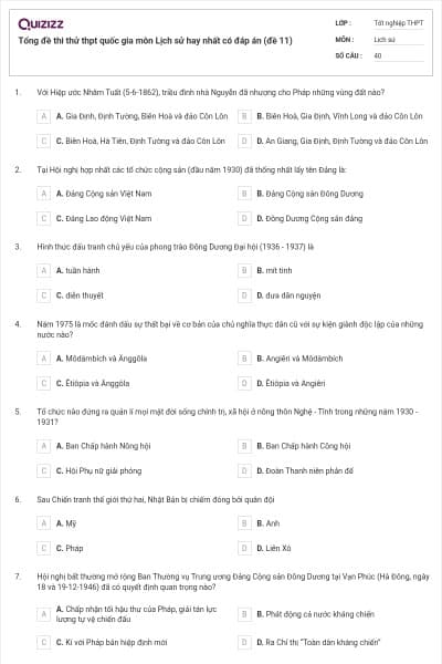 Tổng đề thi thử thpt quốc gia môn Lịch sử hay nhất có đáp án (đề 11)