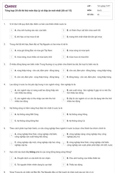 Tổng hợp 20 đề thi thử môn Địa Lý có đáp án mới nhất (đề số 15)
