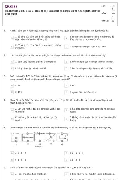 Trắc nghiệm Vật Lí 7 Bài 27 (có đáp án): Đo cường độ dòng điện và hiệu điện thế đối với đoạn mạch