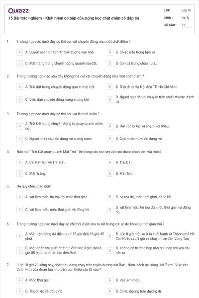 15 Bài trắc nghiệm - Khái niệm cơ bản của Động học chất điểm có đáp án