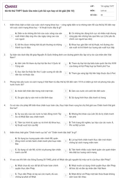 Đề thi thử THPT Quốc Gia môn Lịch Sử cực hay có lời giải (Đề 10)