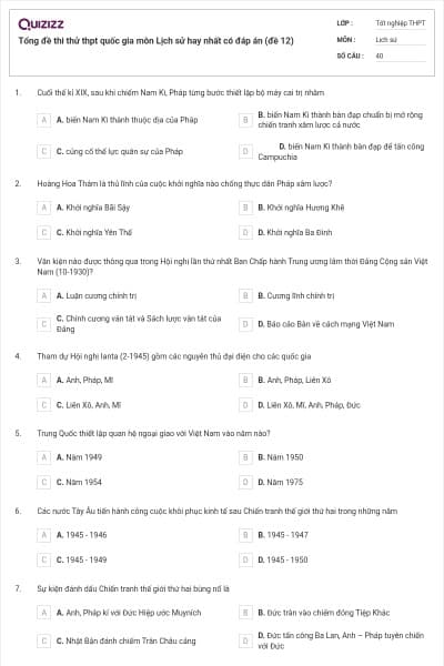 Tổng đề thi thử thpt quốc gia môn Lịch sử hay nhất có đáp án (đề 12)