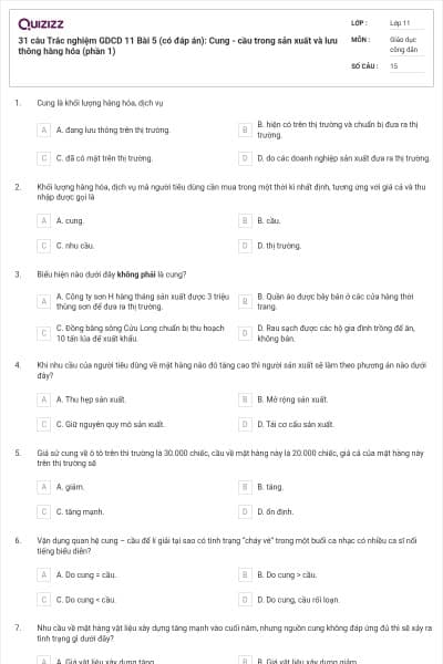 31 câu Trắc nghiệm GDCD 11 Bài 5 (có đáp án): Cung - cầu trong sản xuất và lưu thông hàng hóa (phần 1)