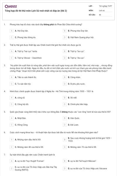 Tổng hợp đề thi thử môn Lịch Sử mới nhất có đáp án (Đề 2)