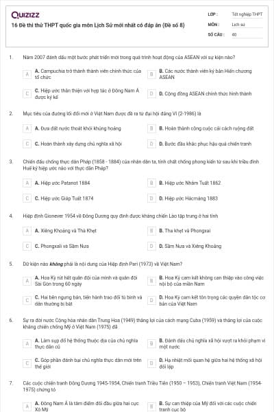 16 Đề thi thử THPT quốc gia môn Lịch Sử mới nhất có đáp án (Đề số 8)