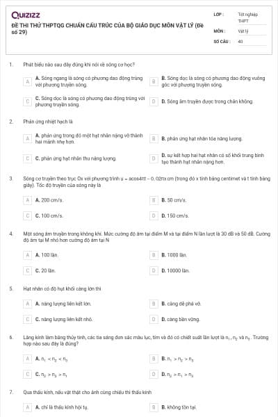 ĐỀ THI THỬ THPTQG CHUẨN CẤU TRÚC CỦA BỘ GIÁO DỤC MÔN VẬT LÝ (Đề số 29)