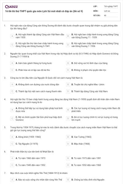 16 Đề thi thử THPT quốc gia môn Lịch Sử mới nhất có đáp án (Đề số 9)