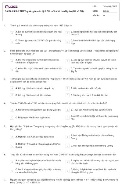 16 Đề thi thử THPT quốc gia môn Lịch Sử mới nhất có đáp án (Đề số 10)