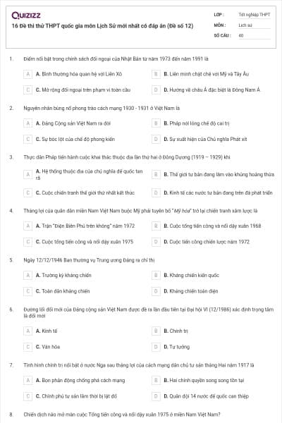 16 Đề thi thử THPT quốc gia môn Lịch Sử mới nhất có đáp án (Đề số 12)