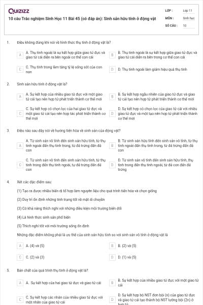 10 câu  Trắc nghiệm Sinh Học 11 Bài 45 (có đáp án): Sinh sản hữu tính ở động vật