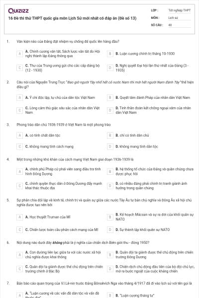16 Đề thi thử THPT quốc gia môn Lịch Sử mới nhất có đáp án (Đề số 13)