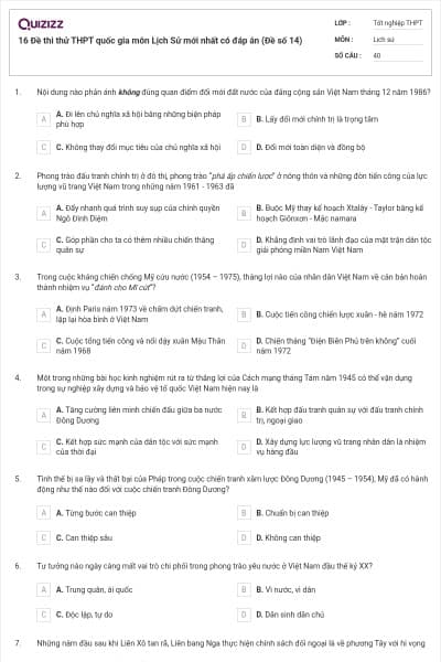 16 Đề thi thử THPT quốc gia môn Lịch Sử mới nhất có đáp án (Đề số 14)