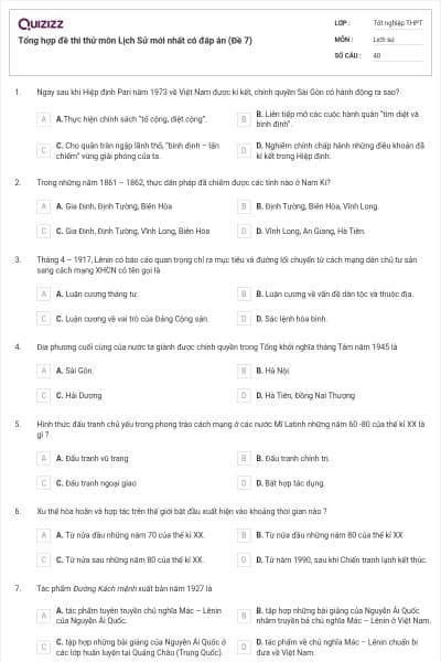 Tổng hợp đề thi thử môn Lịch Sử mới nhất có đáp án (Đề 7)