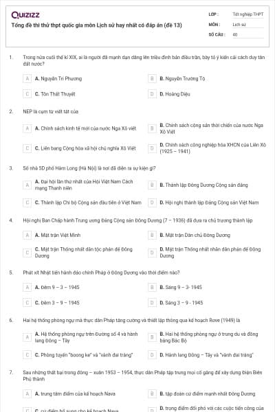 Tổng đề thi thử thpt quốc gia môn Lịch sử hay nhất có đáp án (đề 13)