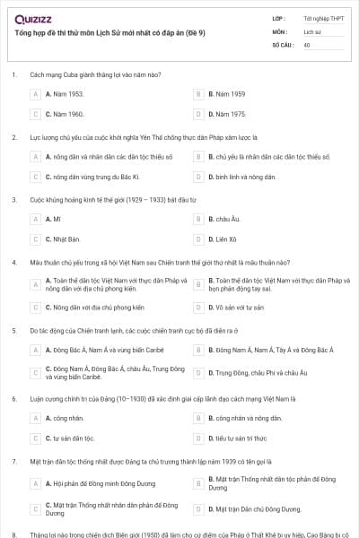 Tổng hợp đề thi thử môn Lịch Sử mới nhất có đáp án (Đề 9)