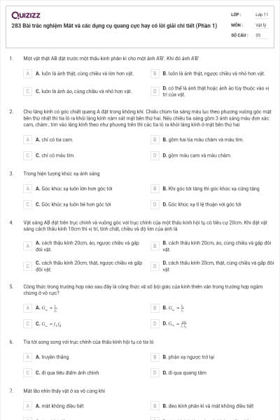 283 Bài trắc nghiệm Mắt và các dụng cụ quang cực hay có lời giải chi tiết (Phần 1)