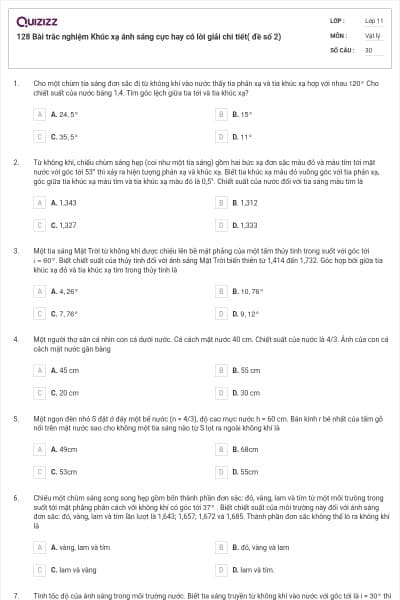 128 Bài trắc nghiệm Khúc xạ ánh sáng cực hay có lời giải chi tiết( đề số 2)
