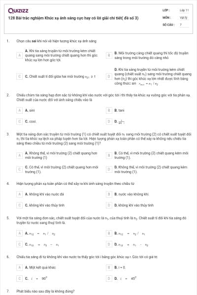 128 Bài trắc nghiệm Khúc xạ ánh sáng cực hay có lời giải chi tiết( đề số 3)