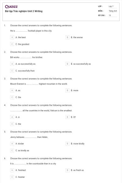 Bài tập Trắc nghiệm Unit 2 Writing