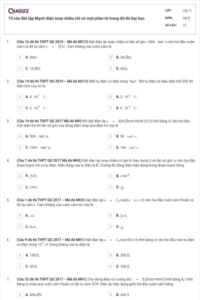 15 câu Bài tập Mạch điện xoay chiều chỉ có một phần tử trong đề thi Đại học